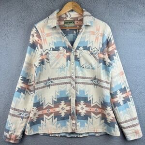 Outback Trading Co Womens Medium Southwestern Aztec Snap Front Shirt Blue Peach